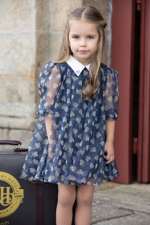 Navy blue tulle dress with hearts