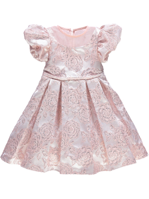 Vestido rosa em jacquard com detalhes de organza