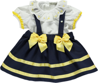 Conjunto de blusa e saia de alças marinho e amarelo