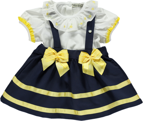 Navy and yellow strapless blouse and skirt set