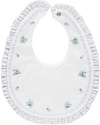 White and blue bib with floral embroidery and frill