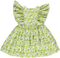 Vestido fluido com padrão de limões verdes e folhos