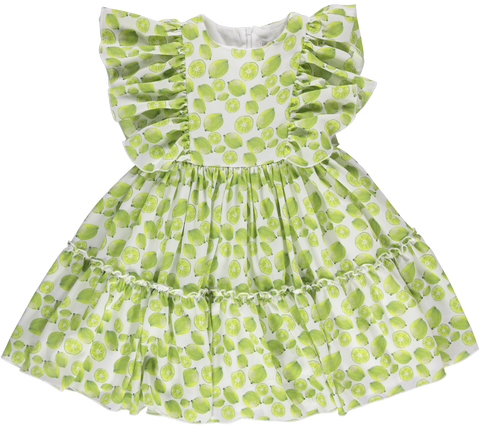 Flowy dress with green lemon pattern and ruffles