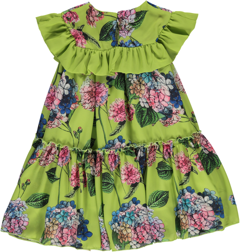 Green dress with colorful floral pattern and ruffles