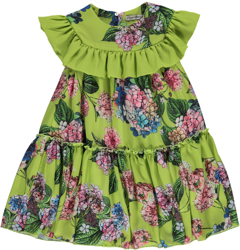 Vestido verde com padrão floral colorido e folhos