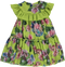 Vestido verde com padrão floral colorido e folhos