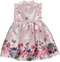Pink glittery dress with ruffles and colorful pattern hem