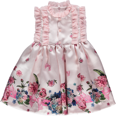 Pink glittery dress with ruffles and colorful pattern hem