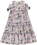 Long blue dress with Japanese floral pattern and navy bows