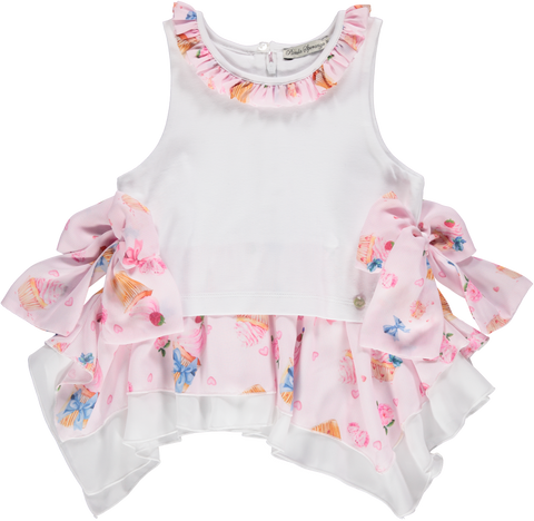 White and pink top with cupcake pattern ruffles