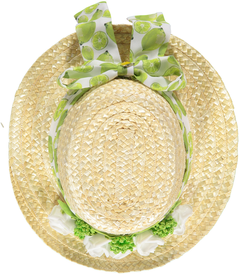 Chapéu de palha com flores brancas e verdes