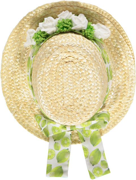 Chapéu de palha com flores brancas e verdes
