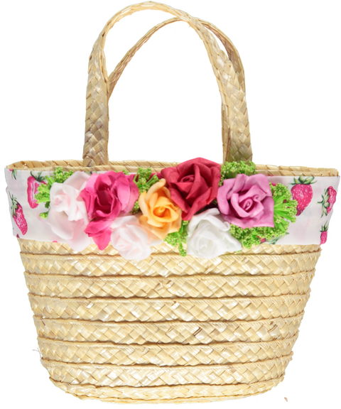 Straw basket with flowers and strawberries