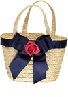Straw basket with navy bow and red roses