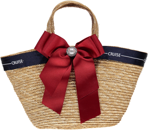 Straw basket with navy ribbon and red bow