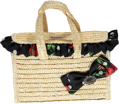 Straw basket with frills and black bow