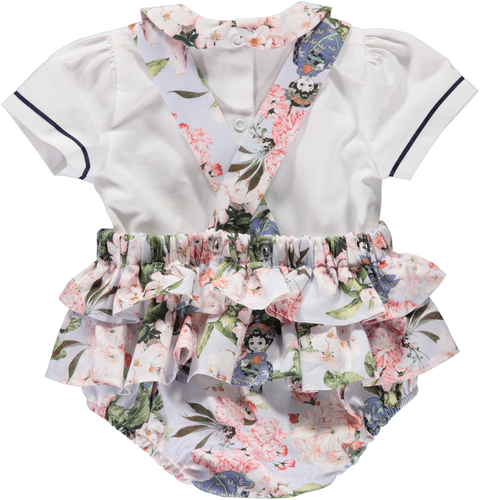 Girl's set with white blouse and bodysuit with blue floral pattern