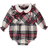 Baby bodysuit in beige and red plaid with ruffles