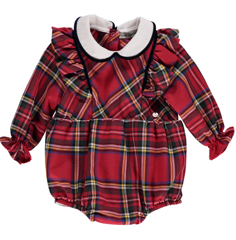 Baby bodysuit in red plaid with ruffles