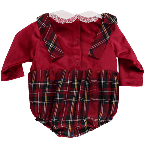 Baby bodysuit in red plaid with velvet
