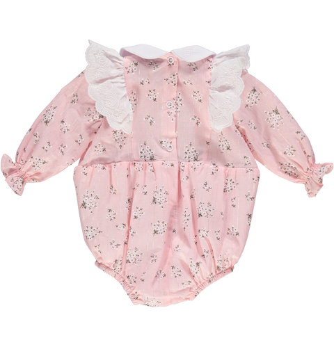Body de bebé em estampado floral rosa com folhos