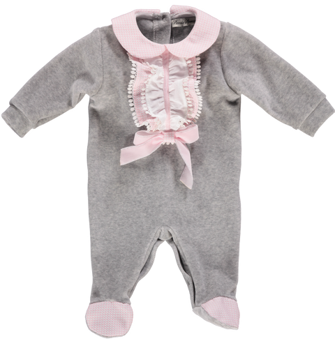 Babygrow in gray cotton with ruffles and bow