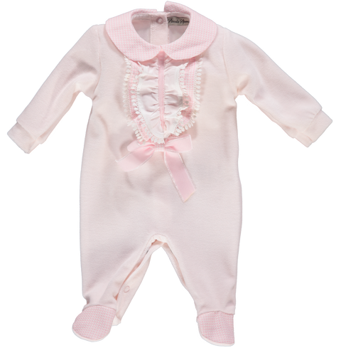 Babygrow em algodão rosa com folhos e laço