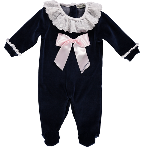 Babygrow in navy cotton with pink satin bow