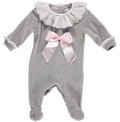 Gray cotton babygrow with pink satin bow