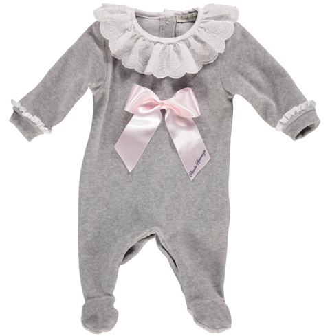 Gray cotton babygrow with pink satin bow