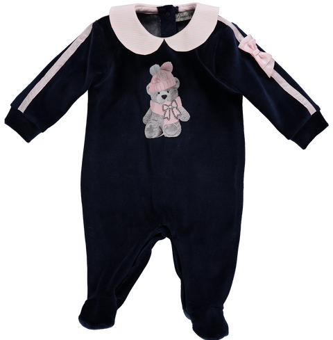 Babygrow in navy cotton with teddy print