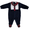 Navy cotton babygrow with red checkered collar