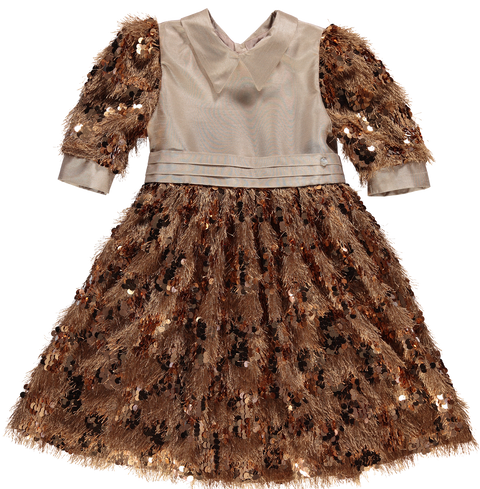 Brown party dress with gold bow on the back