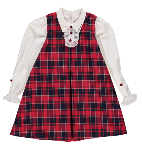 Red plaid dress with collar and shirt-style sleeves