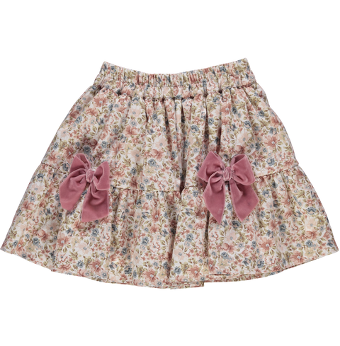 Skirt in pink floral print with velvet bows