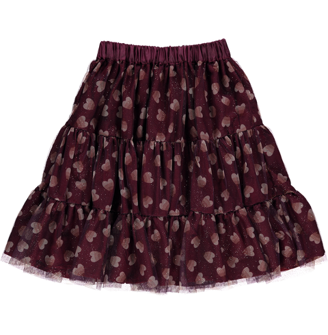 Skirt below the knee in aubergine tulle with hearts
