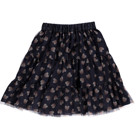 Skirt below the knee in navy blue tulle with hearts