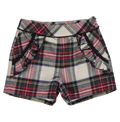 Blue shorts in red and beige tartan check