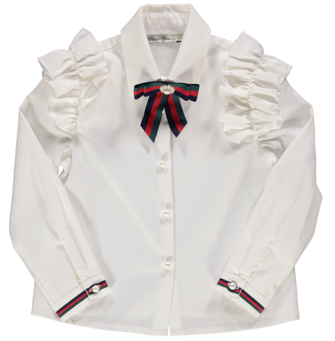 White blouse with bow and pearl pin