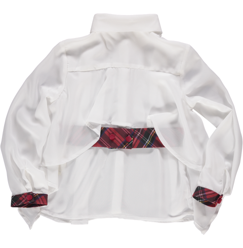 Blusa branca com laços em xadrez tartan vermelho