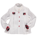 Blusa branca com laços em xadrez tartan vermelho