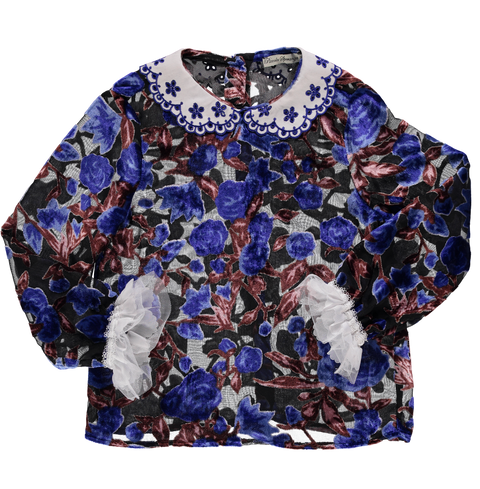 Blusa transparente com estampado floral azul e castanho
