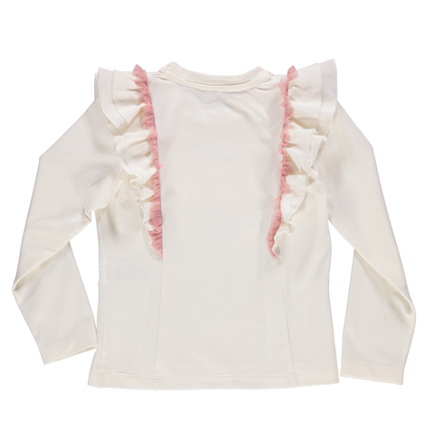 White knit sweater with print and ruffles