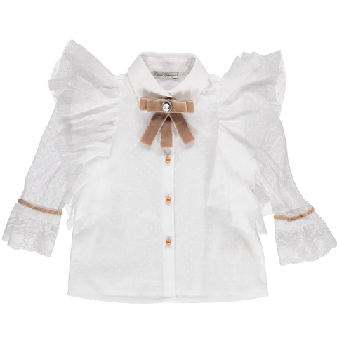 Blusa branca com folhos em tule e laço de veludo