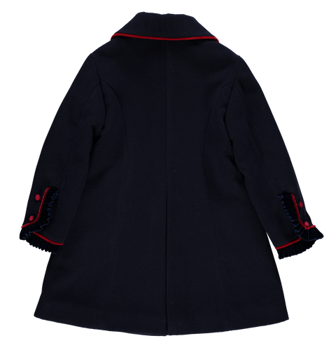 Navy blue farm coat with red buttons
