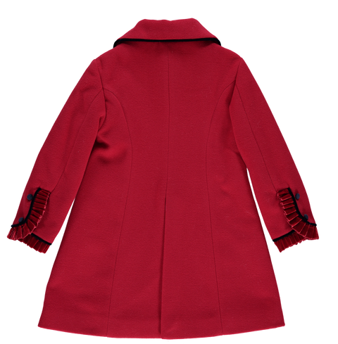 Red farm coat with navy buttons