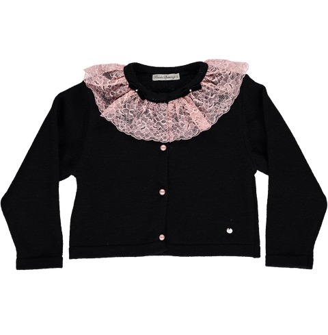 Black cardigan coat with pink lace collar