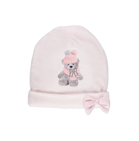 Pink cotton baby hat with print and bow