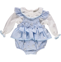 Conjunto de menina com estampado floral azul e laço