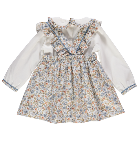 Conjunto de blusa branca & saia floral azul com alças